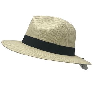 PUGS CREAM Straw-like Weaved Fedora Hat with Wide Brim & Black Band